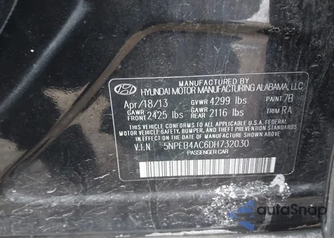 2013 Hyundai Sonata Gls z USA, uszkodzony, nr VIN 5NPEB4AC6DH732030